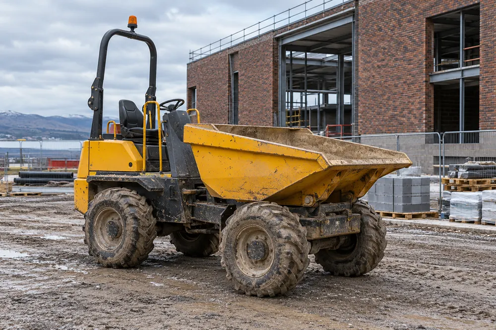 Site dumper with lowered skip parked on level commercial construction ground