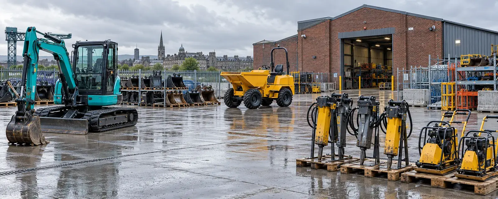 Tools and compact plant arranged in a wet commercial hire yard in Glasgow