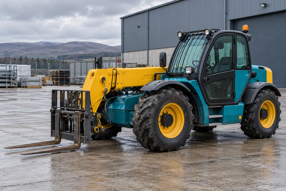 Telehandler parked on level ground with its boom retracted and forks lowered